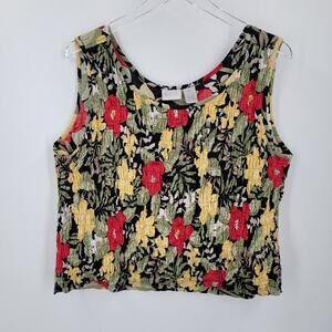 Erika Tank Top Womens XL Black Floral Smocked Front Y2K Tropical Vacation